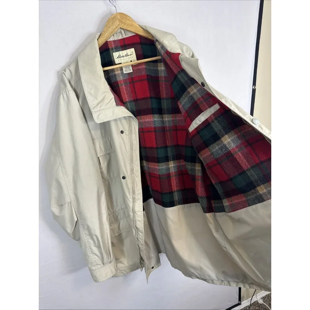 Vintage Eddie Bauer Plaid-Lined Field Jacket Mens‎ XL Tall Beige Outdoor Coat